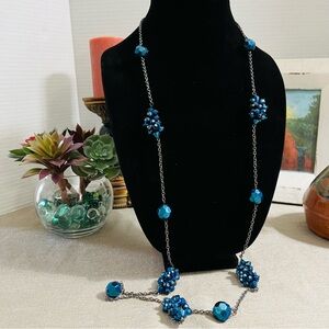Teal Cluster & Round Faceted Beaded Long Chain Clasped Can Double Necklace